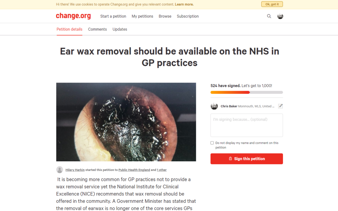 Ear wax removal for all – support Hilary’s petition